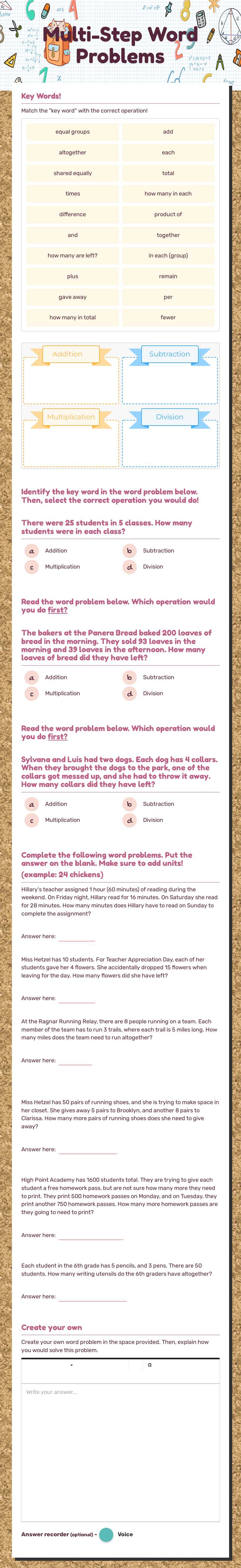 Multi-Step Word Problems worksheet preview image