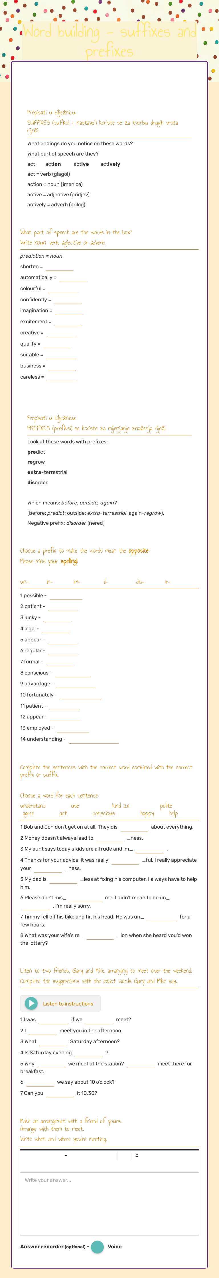 Word building - suffixes and prefixes worksheet preview image