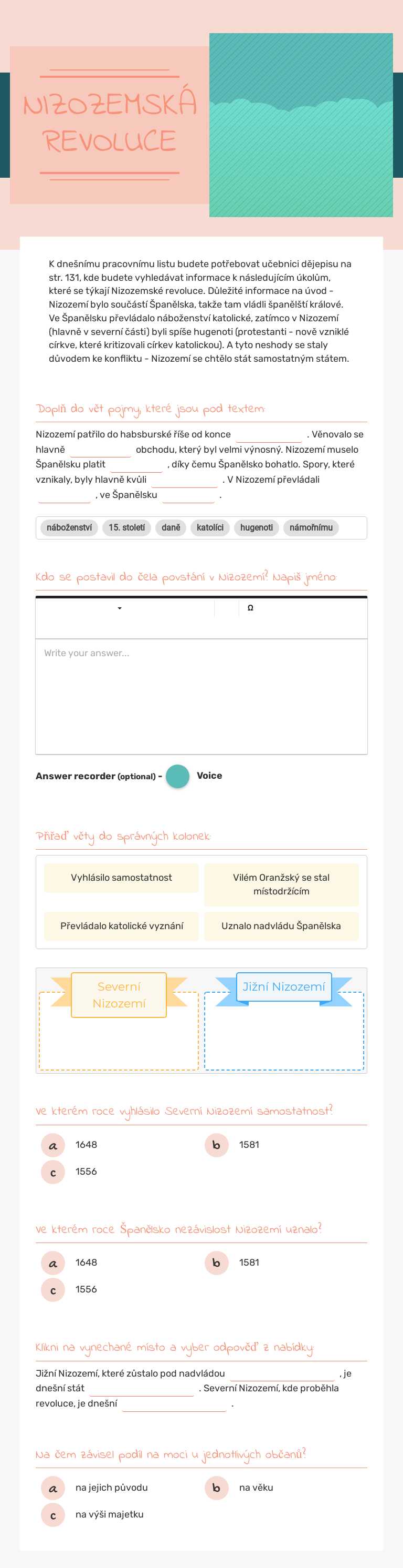 NIZOZEMSKÁ REVOLUCE Grade 7 worksheet preview