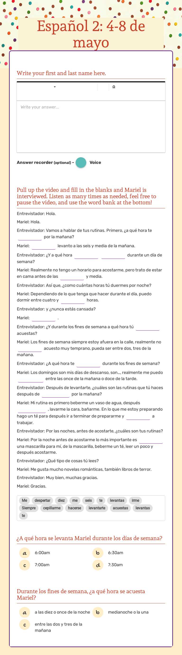 Español 2: 4-8 de mayo worksheet preview image