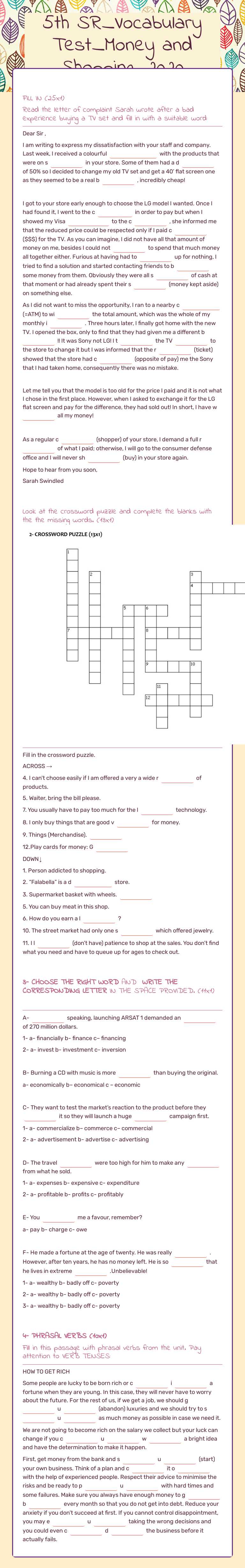 5th SR_Vocabulary Test_Money and Shopping_2020 worksheet preview image