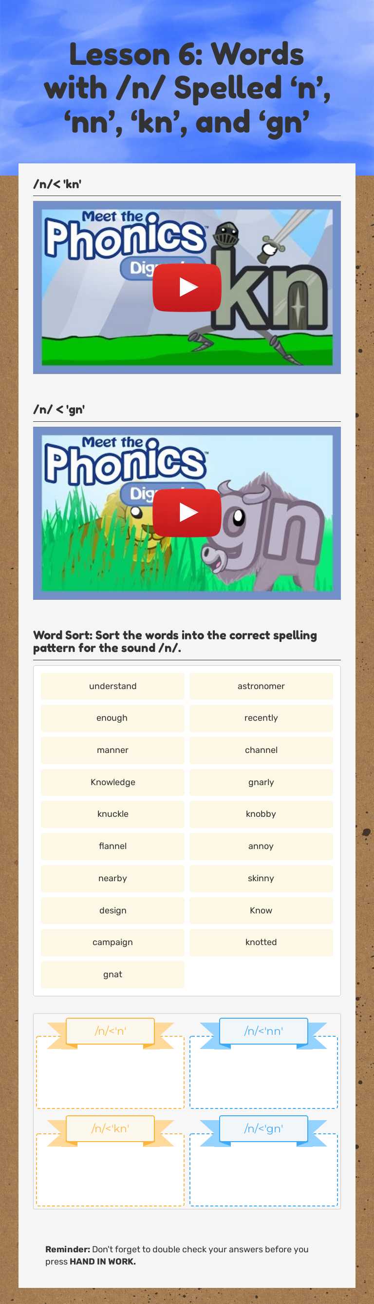 Lesson 6: Words with /n/ Spelled ‘n’, ‘nn’, ‘kn’, and ‘gn’ Grade 4 worksheet preview