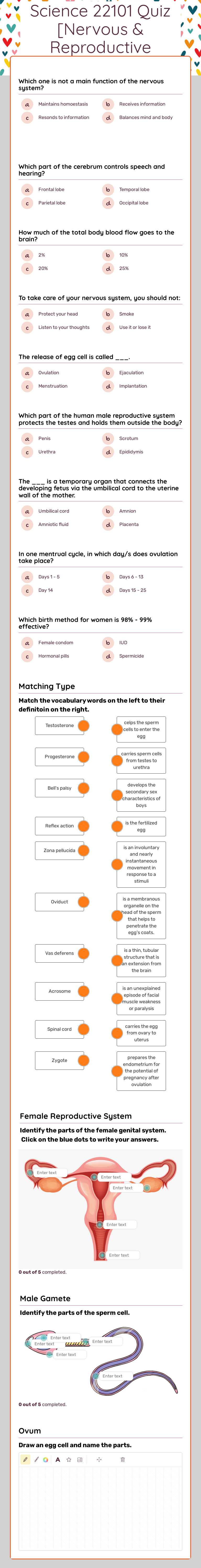 Science 22101 Quiz [Nervous & Reproductive System] worksheet preview image