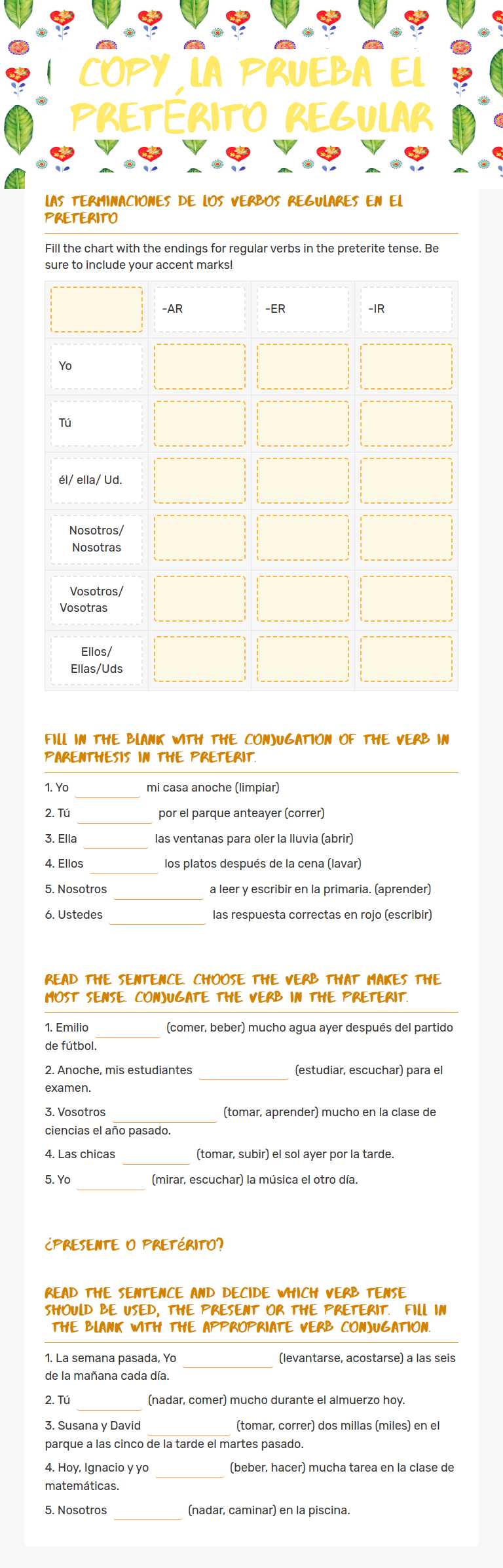 COpy La prueba El pretÉrito Regular worksheet preview image