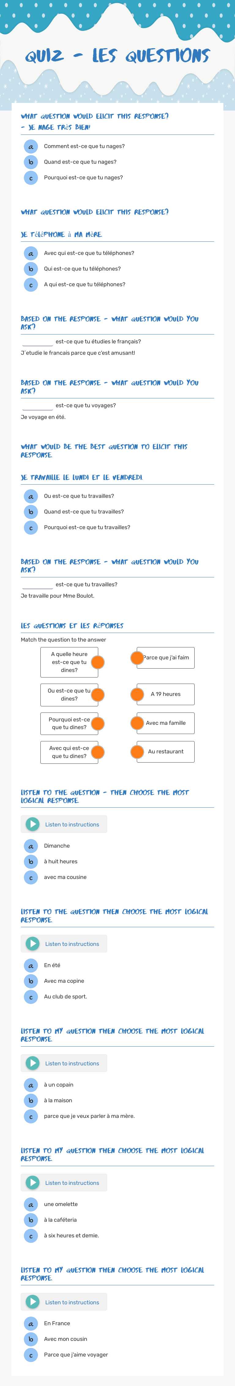 Quiz - les questions worksheet preview image