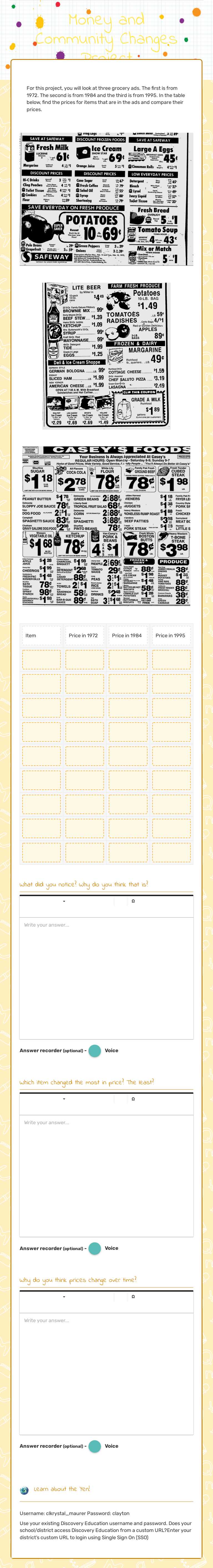 Money and Community Changes Project worksheet preview image