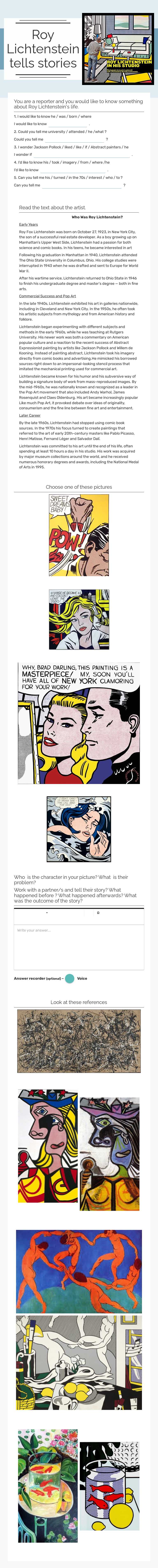 Roy Lichtenstein tells stories Other worksheet preview