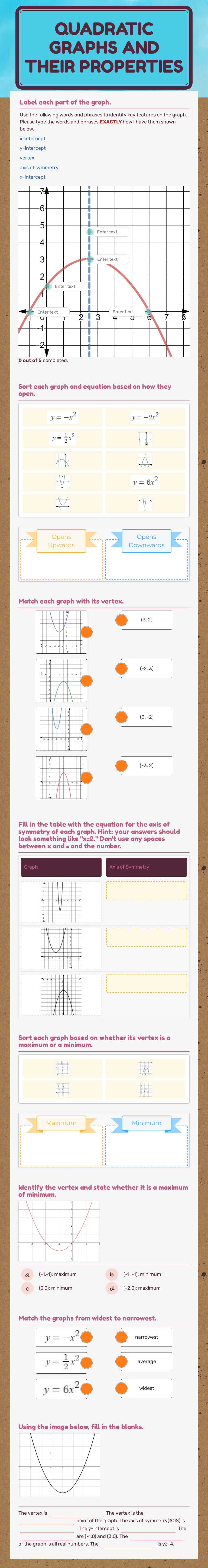 Quadratic graphs and their properties worksheet preview image