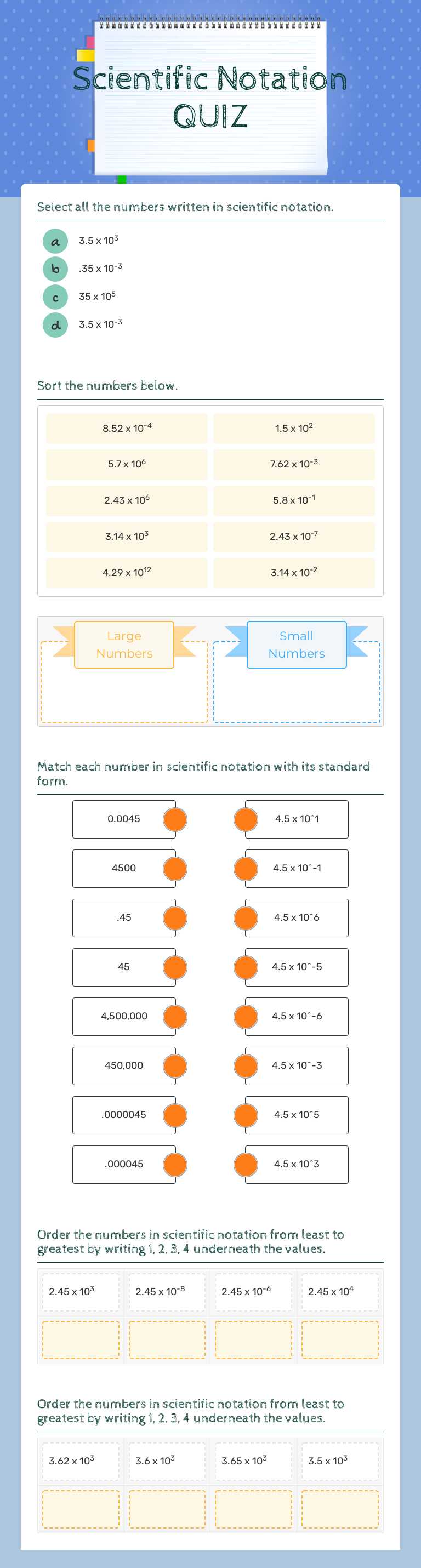 Scientific Notation QUIZ worksheet preview image