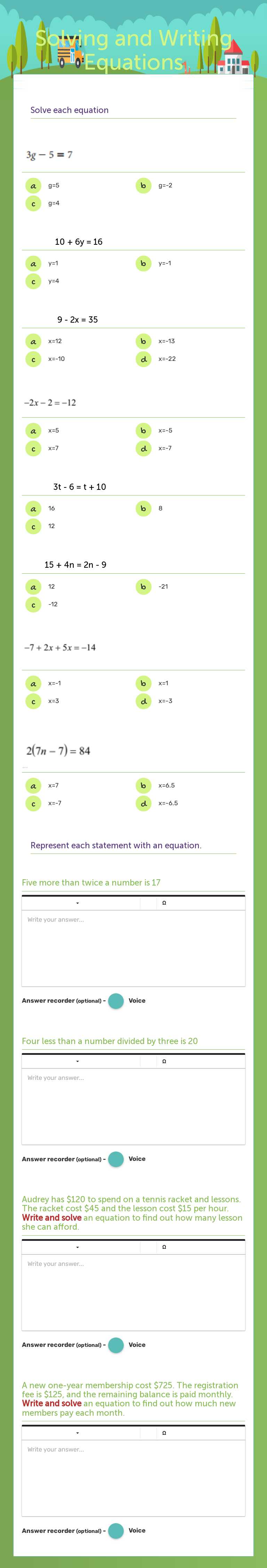 Solving and Writing Equations worksheet preview image
