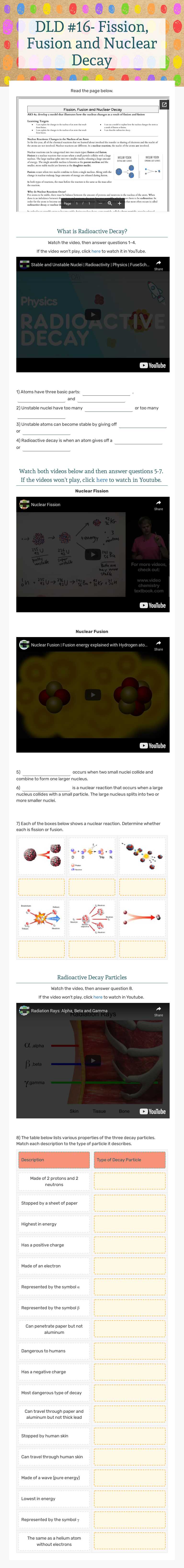 DLD #16- Fission, Fusion and Nuclear Decay worksheet preview image