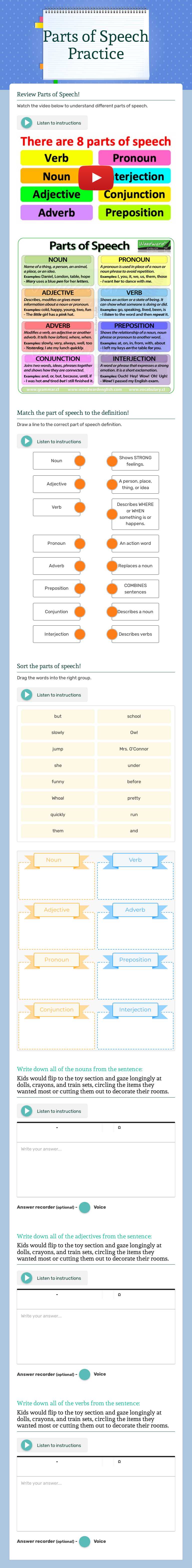Parts of Speech Practice Grade 6 worksheet preview
