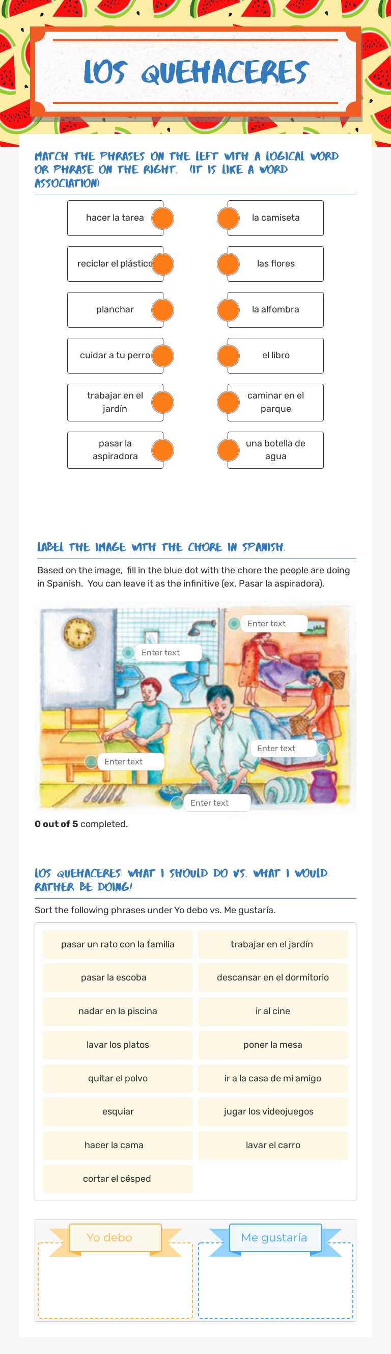 Los Quehaceres worksheet preview image