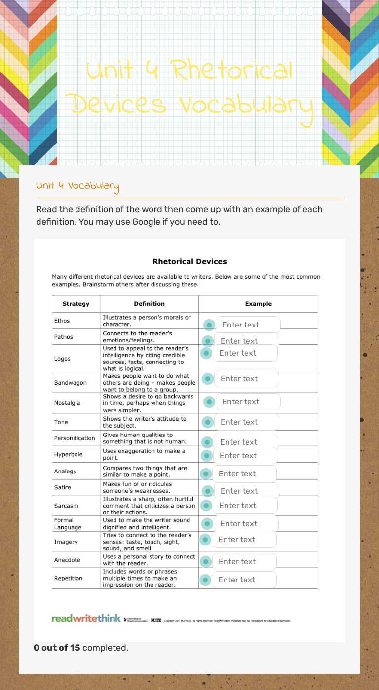 Unit 4 Rhetorical Devices Vocabulary worksheet preview image