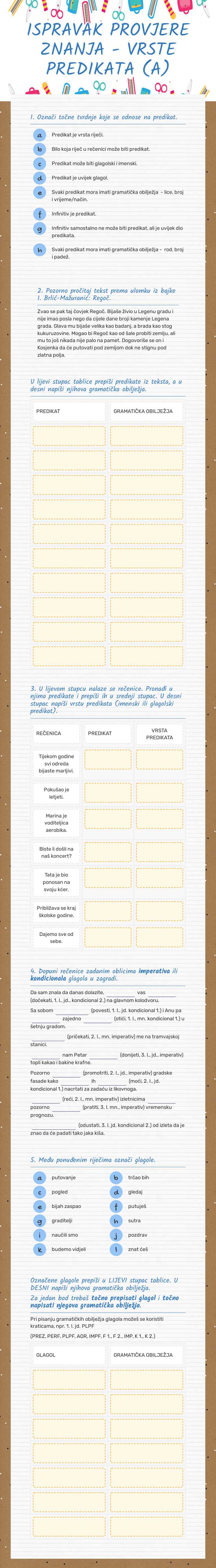 ISPRAVAK PROVJERE ZNANJA - VRSTE PREDIKATA (A) worksheet preview image