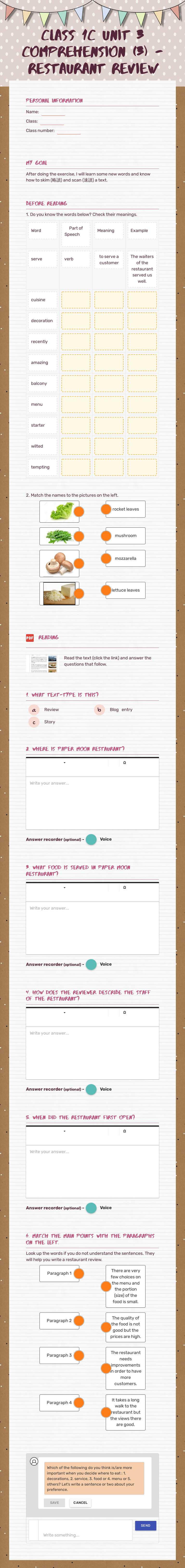 Class 1C Unit 3 Comprehension (3) - Restaurant REview worksheet preview image