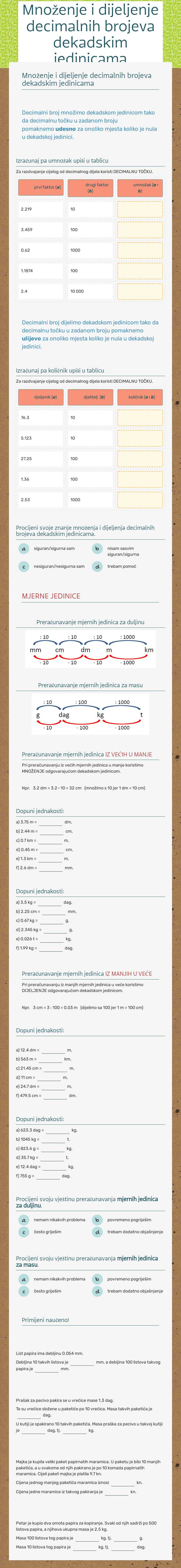 Množenje i dijeljenje decimalnih brojeva dekadskim jedinicama worksheet preview image