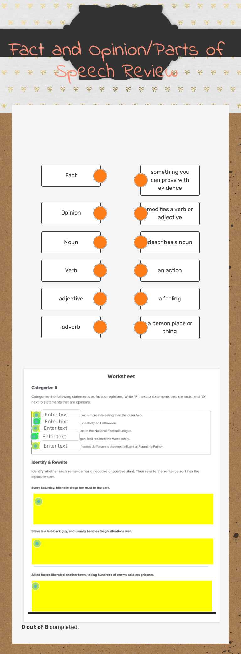 Fact and Opinion/Parts of Speech Review worksheet preview image