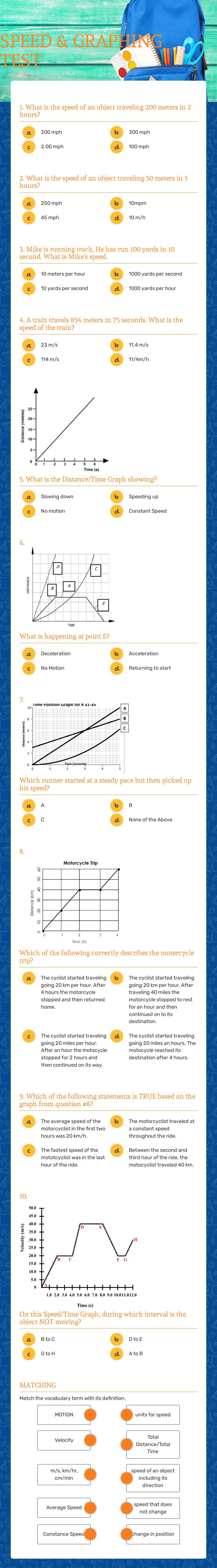 SPEED & GRAPHING TEST worksheet preview image