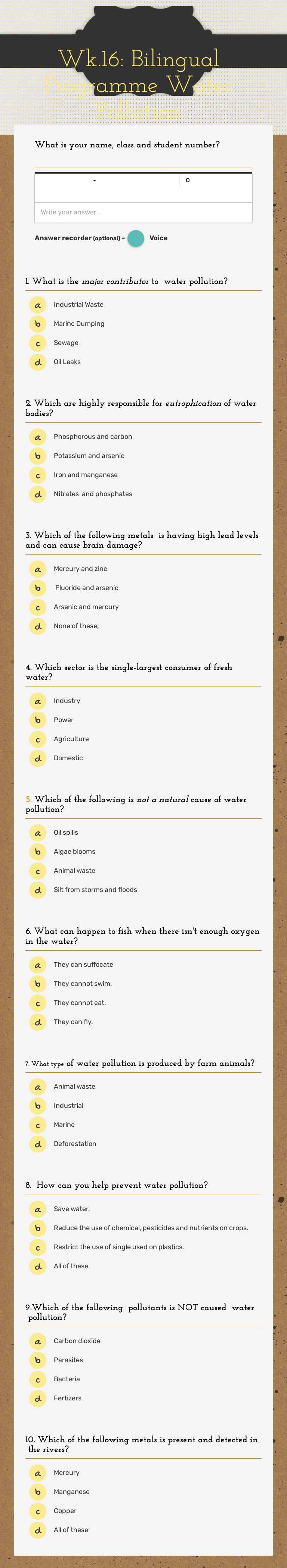 Wk.16: Bilingual Programme Water Pollution worksheet preview image