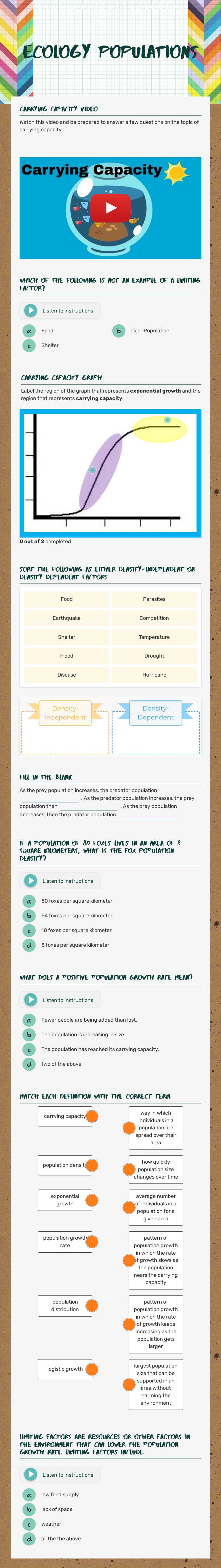 Ecology Populations worksheet preview image