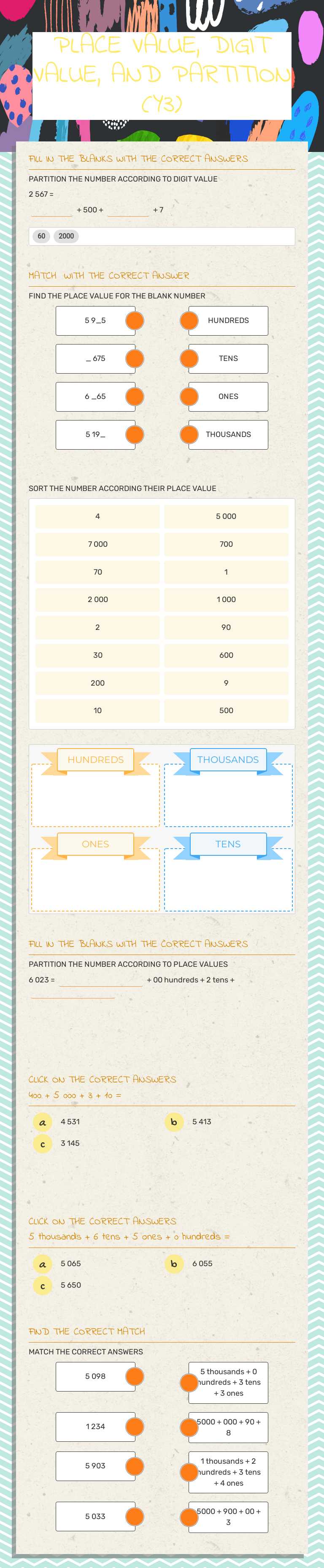 PLACE VALUE, DIGIT VALUE, AND PARTITION (Y3) worksheet preview image