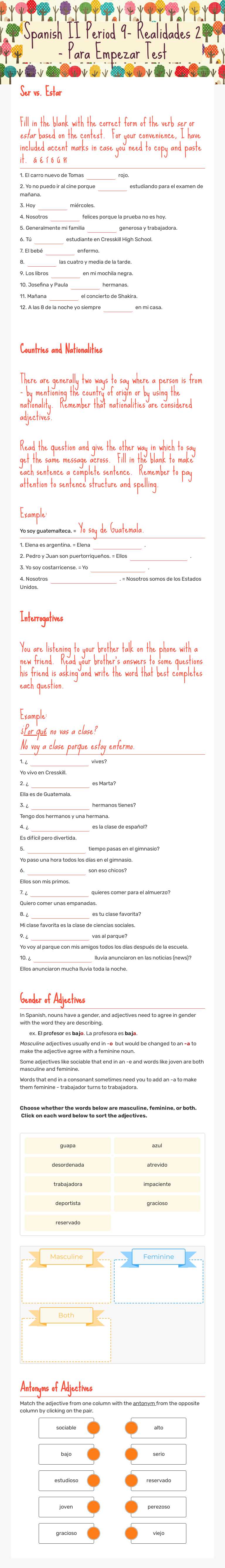 Spanish II Period 9- Realidades 2 - Para Empezar Test worksheet preview image
