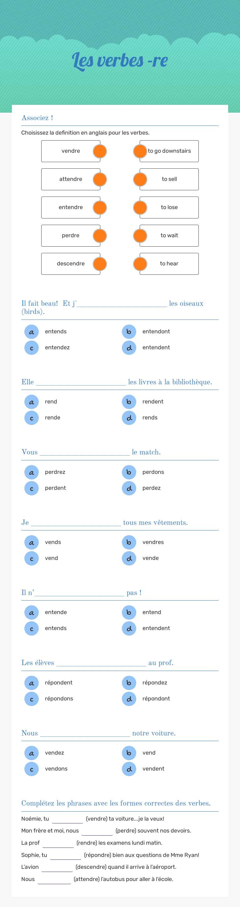 Les verbes -re Other worksheet preview