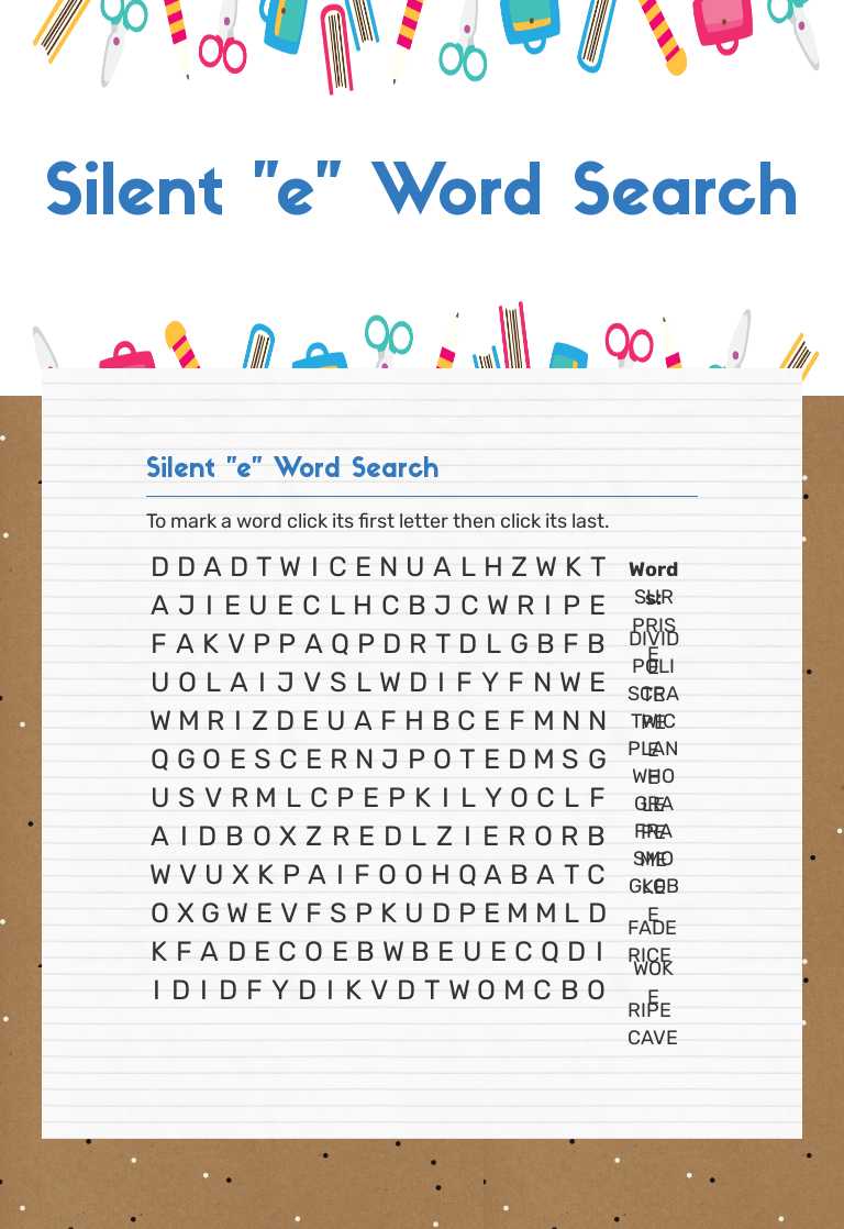 Silent "e" Word Search Grade 3 worksheet preview