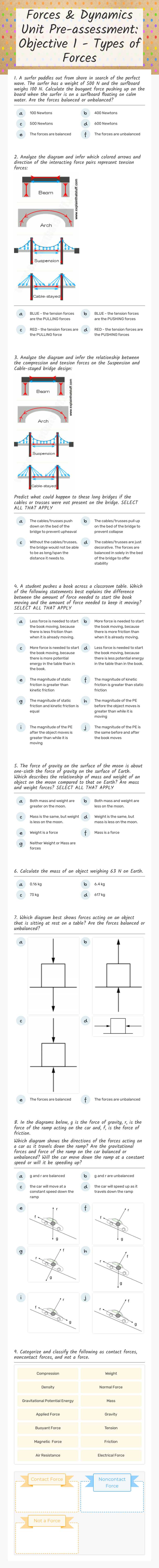 Forces & Dynamics Unit Pre-assessment: Objective 1 - Types of Forces worksheet preview image
