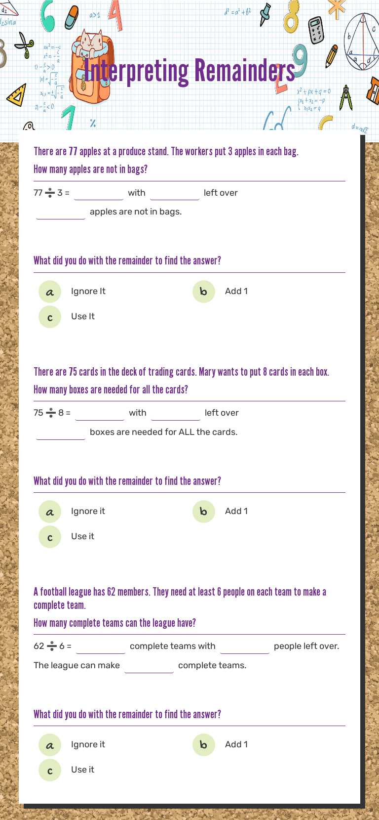 Interpreting Remainders worksheet preview image