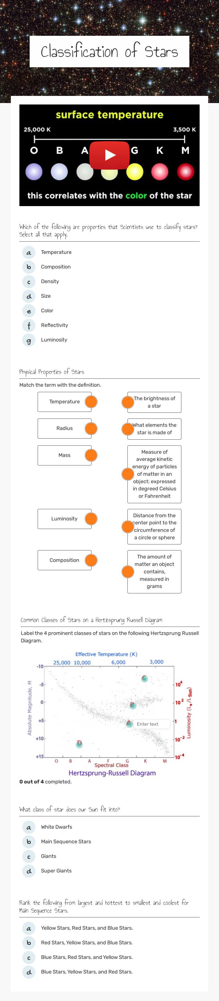 Classification of Stars worksheet preview image