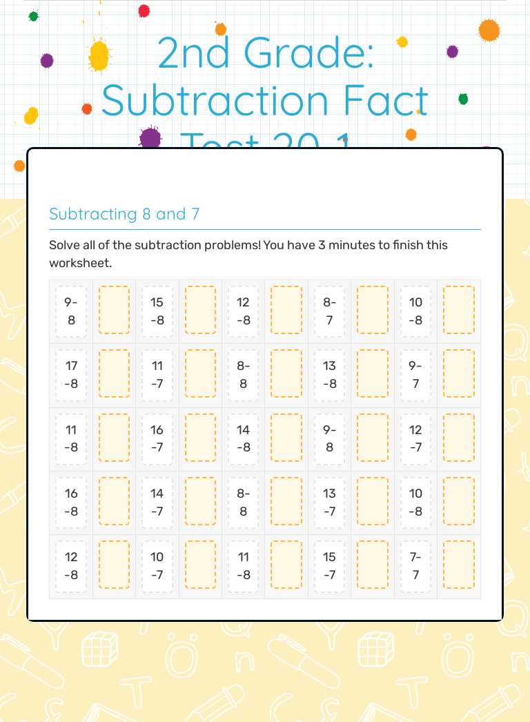 2nd Grade: Subtraction Fact Test 20-1 worksheet preview image
