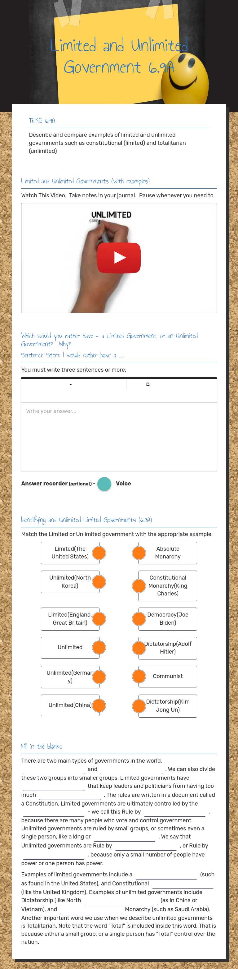 Limited and Unlimited
Government 6.9A worksheet preview image