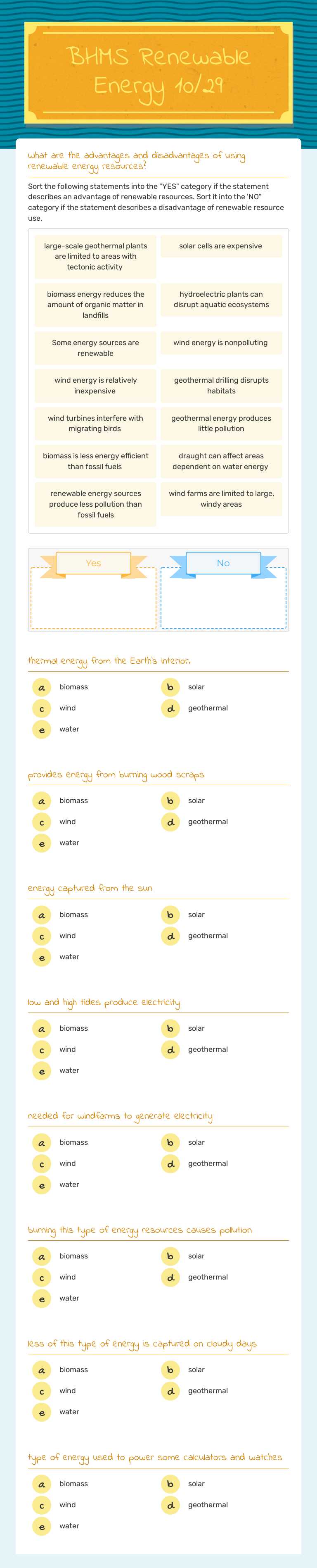 BHMS Renewable Energy 10/29 Grade 7 worksheet preview