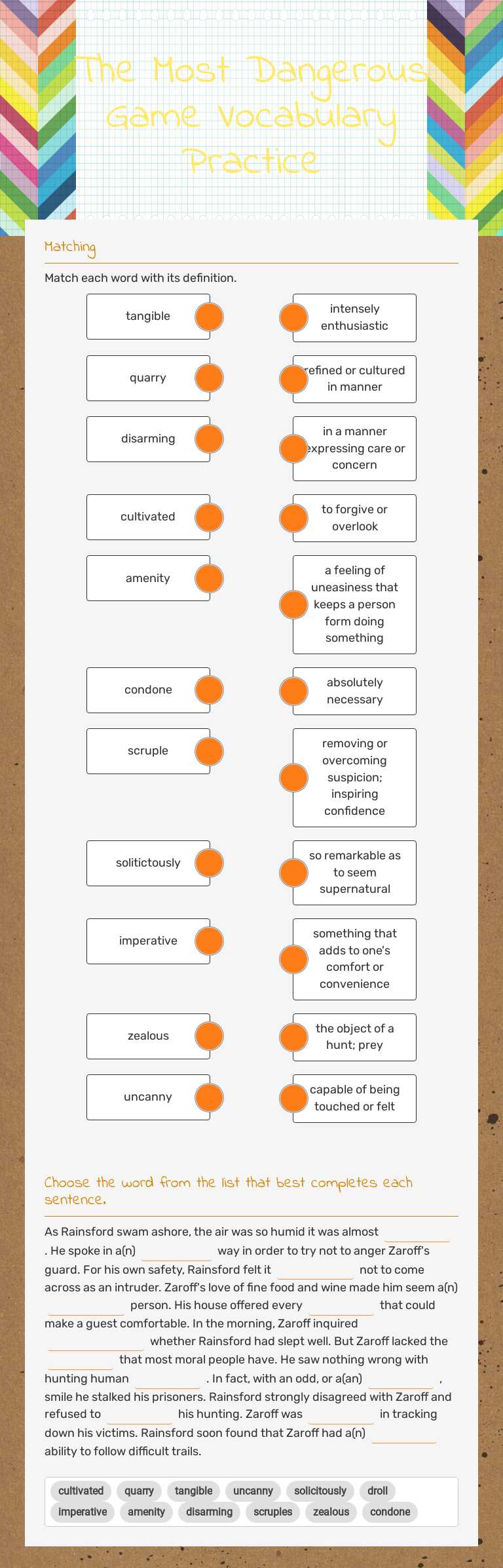The Most Dangerous Game Vocabulary Practice worksheet preview image
