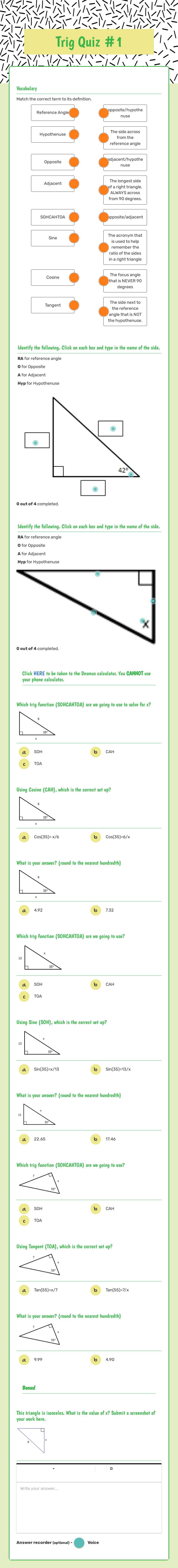 Trig Quiz #1 worksheet preview image