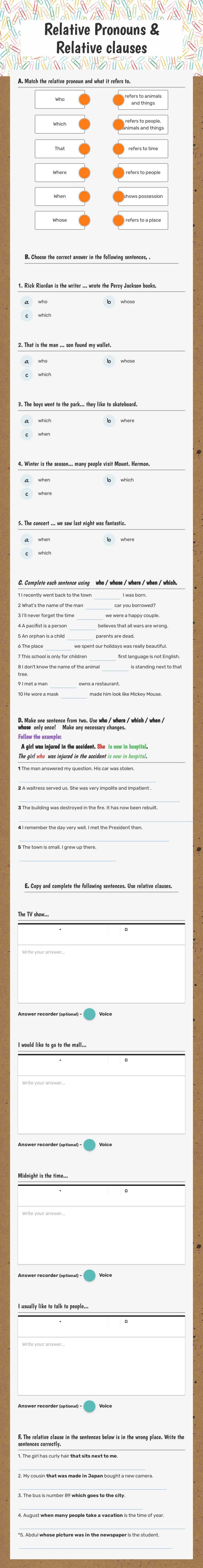 Relative Pronouns & Relative clauses worksheet preview image