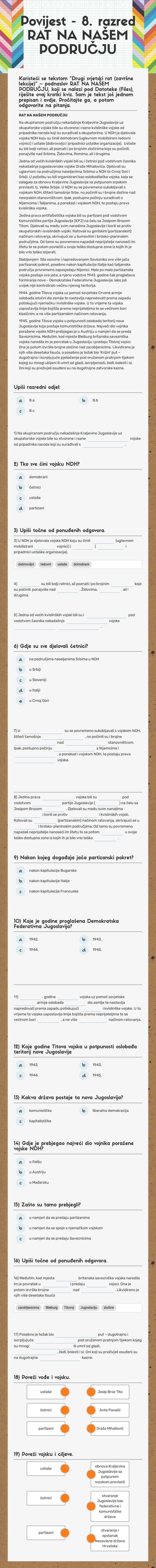 Povijest - 8. razred 
RAT NA NAŠEM PODRUČJU Grade 8 worksheet preview