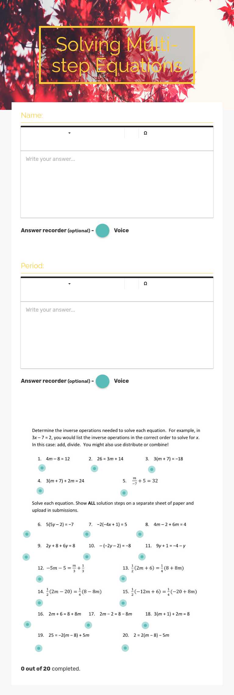 Solving Multi-step Equations worksheet preview image