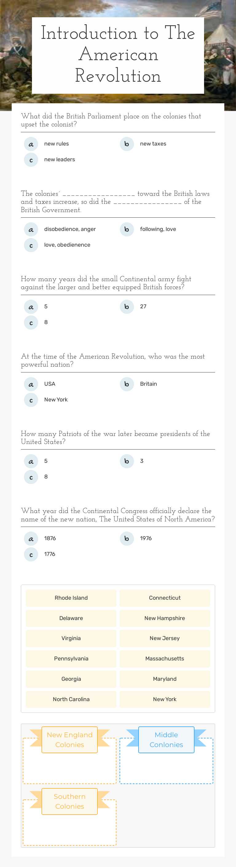 Introduction to  The American Revolution worksheet preview image