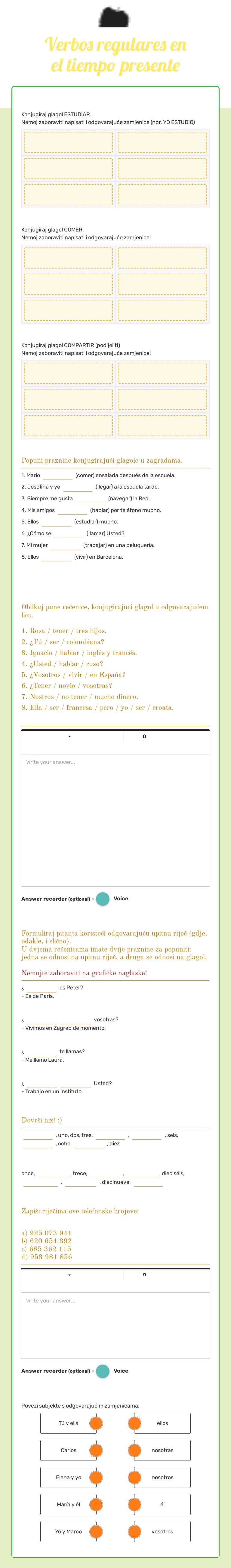Verbos regulares en el tiempo presente worksheet preview image