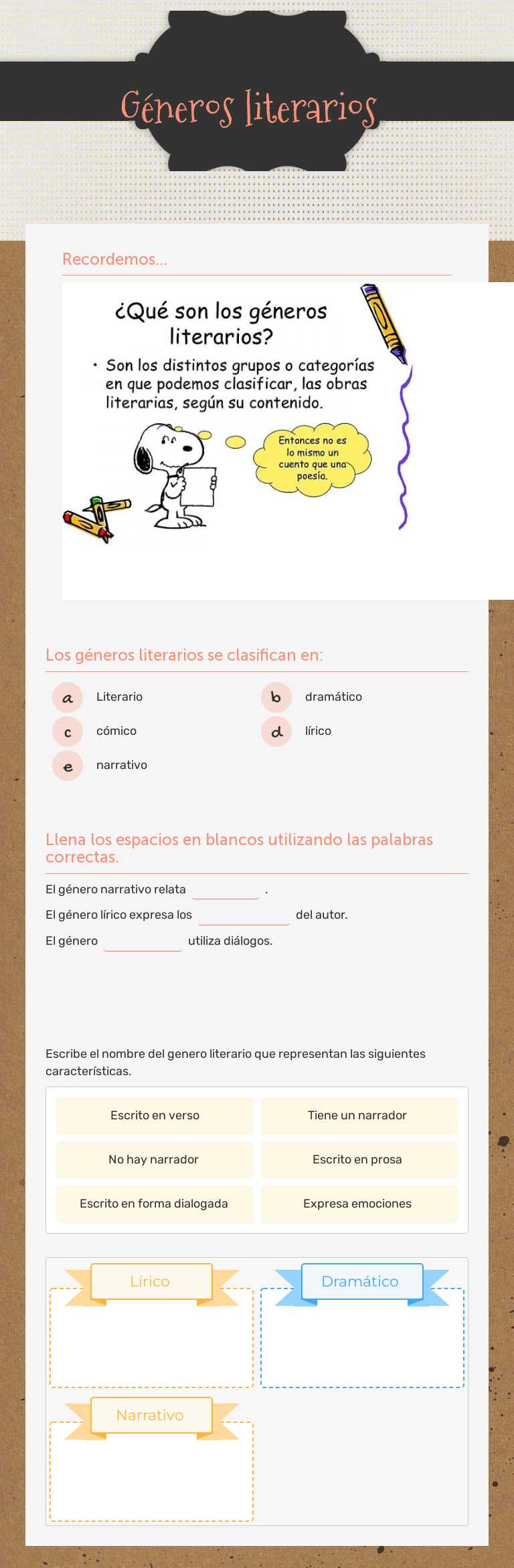 Géneros literarios Grade 7 worksheet preview