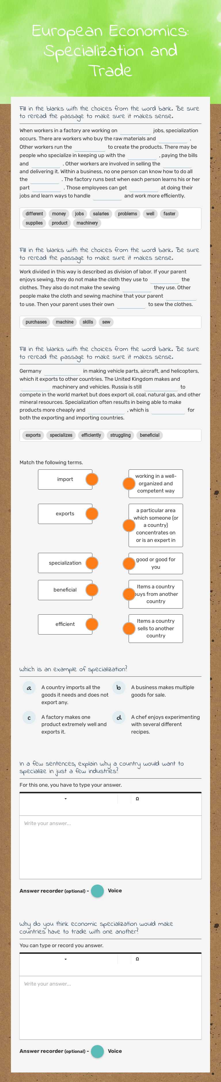 European Economics: Specialization and Trade worksheet preview image