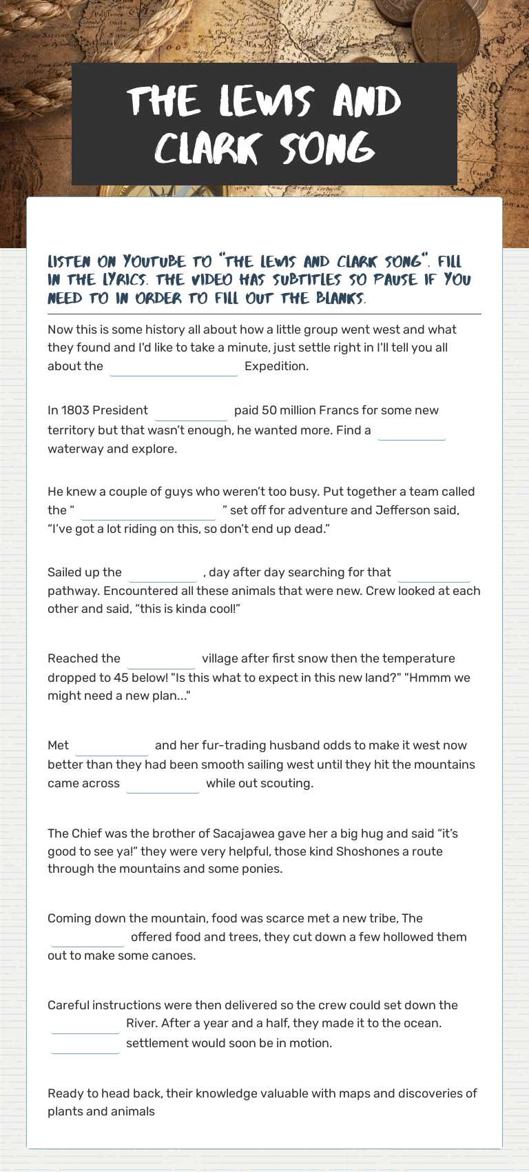 The Lewis and Clark Song Grade 6 worksheet preview
