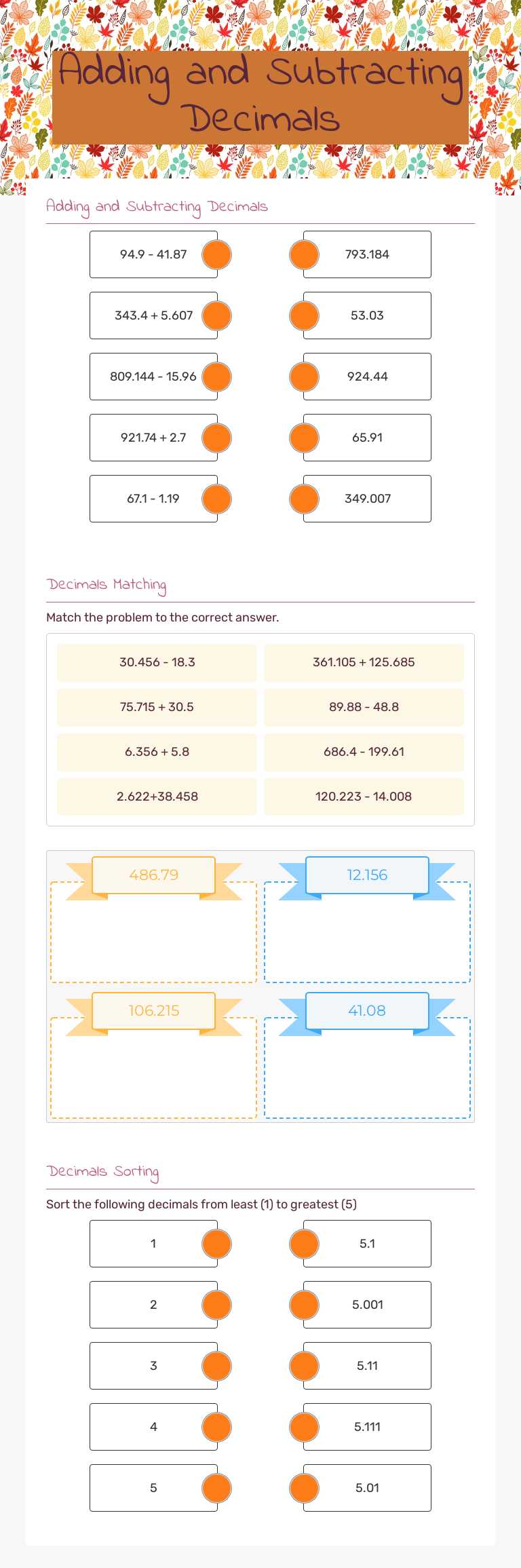 Adding and Subtracting Decimals worksheet preview