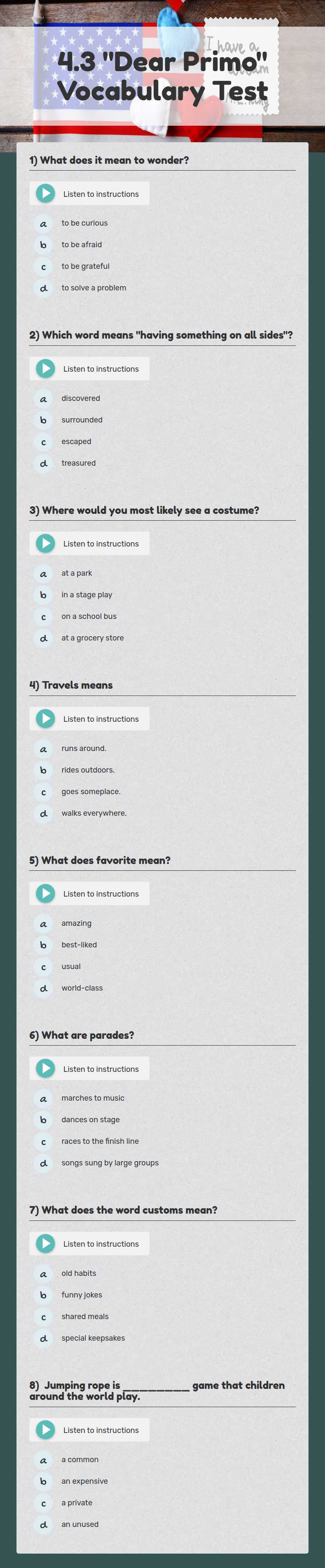 4.3 "Dear Primo" Vocabulary Test worksheet preview image