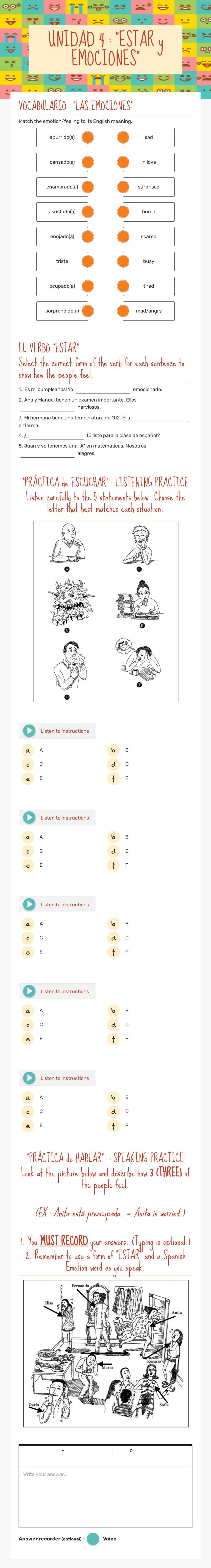 UNIDAD 4 : "ESTAR y EMOCIONES" worksheet preview image