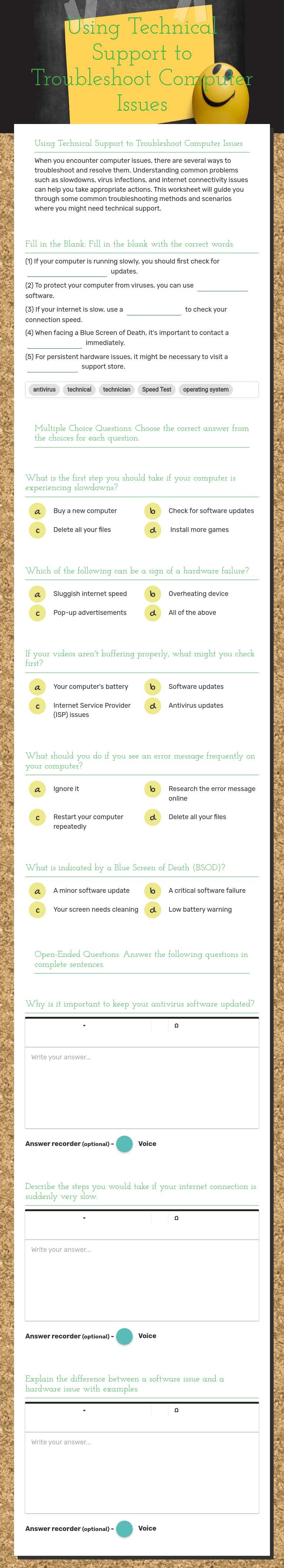 Using Technical Support to Troubleshoot Computer Issues worksheet preview image