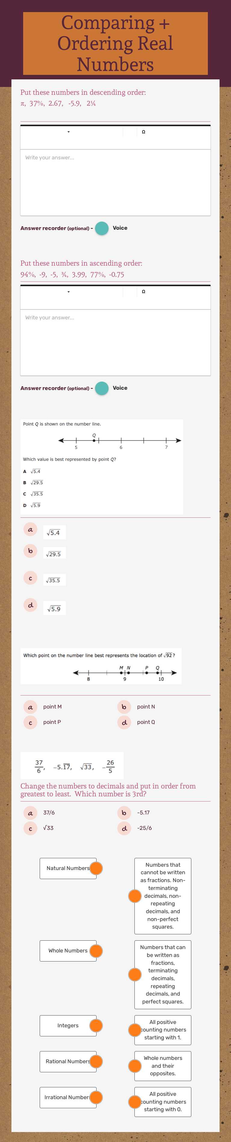 Comparing + Ordering Real Numbers worksheet preview image